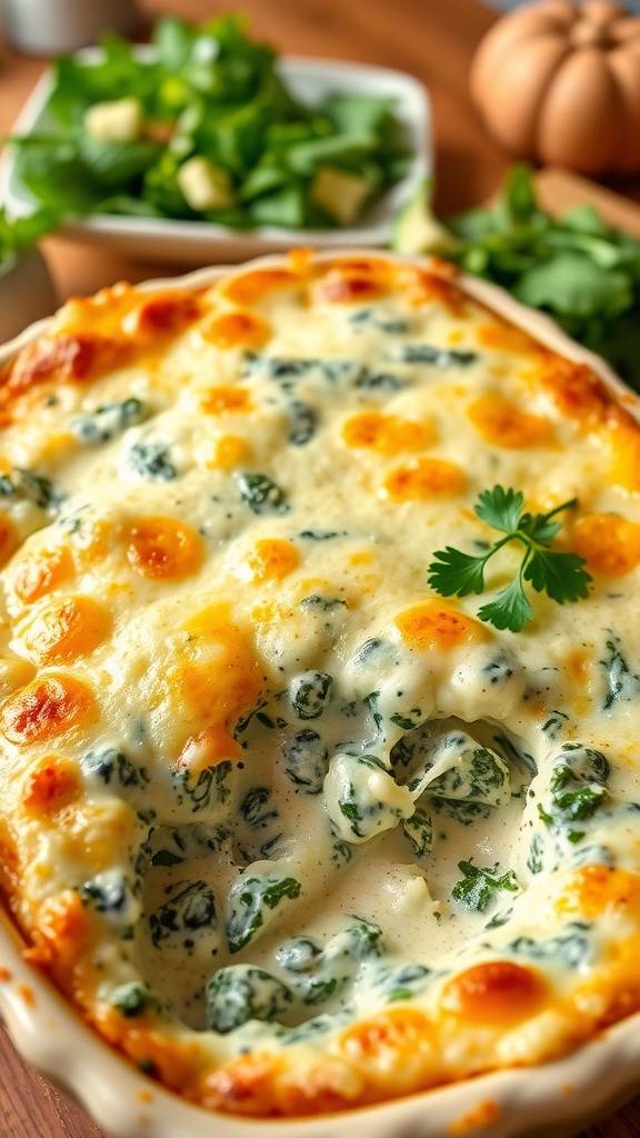 Creamy spinach and cheese casserole baked to perfection in a rustic dish, with parsley garnish on a wooden table.